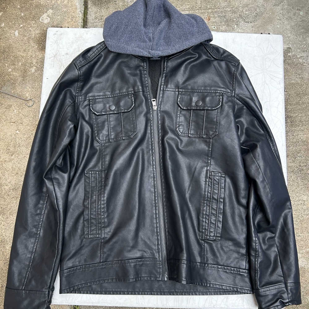 Ring of Fire Black Leather Bomber Jacket with Gray Hood